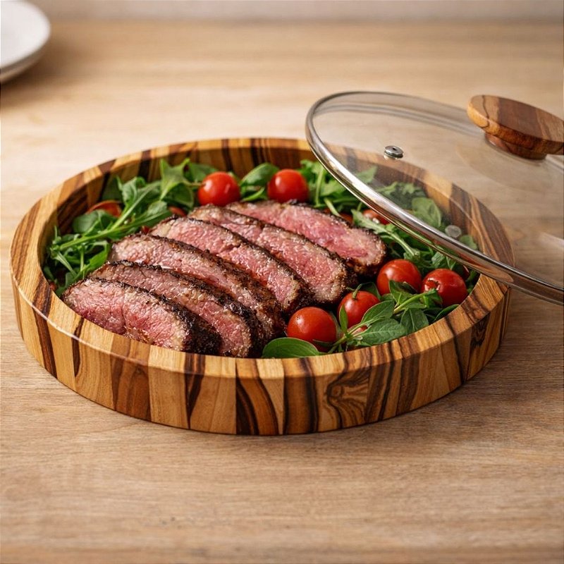 Saladeira Gamela em Madeira teca Com Tampa de Vidro