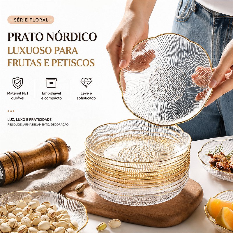 Prato Nórdico Sobremesa Petiscos Frutas em Acrílico com Borda Dourada Floral
