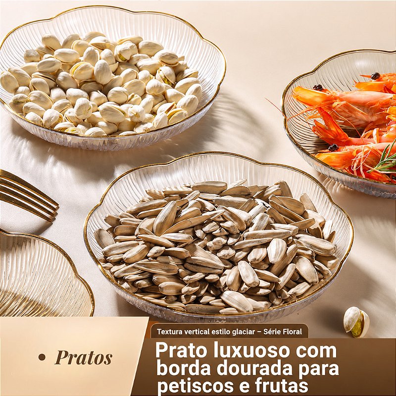Prato Nórdico Sobremesa Petiscos Frutas em Acrílico com Borda Dourada Floral
