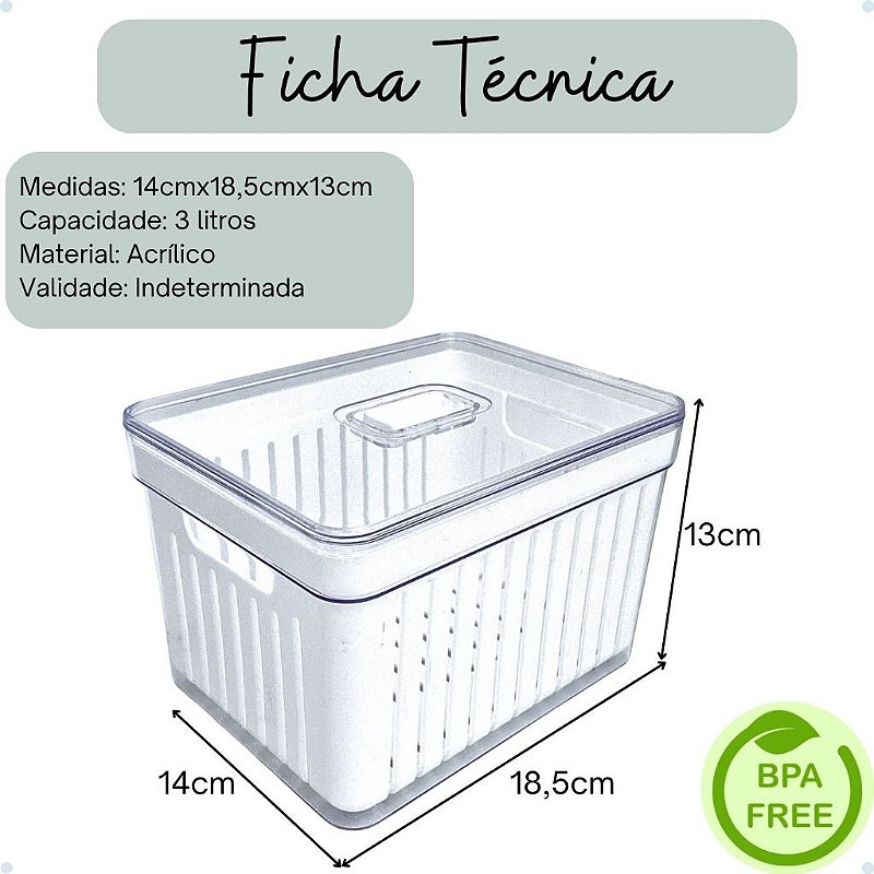 Kit Organizador de Geladeira Clear Com Tampa e Cesto Drenagem
