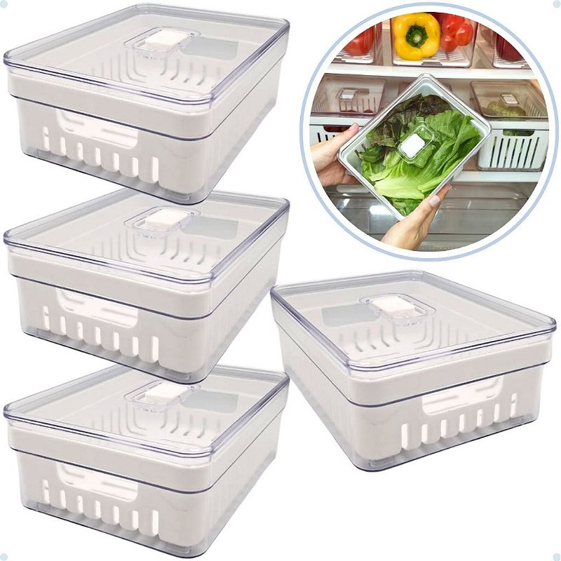 Kit Organizador de Geladeira Clear Com Tampa e Cesto Drenagem