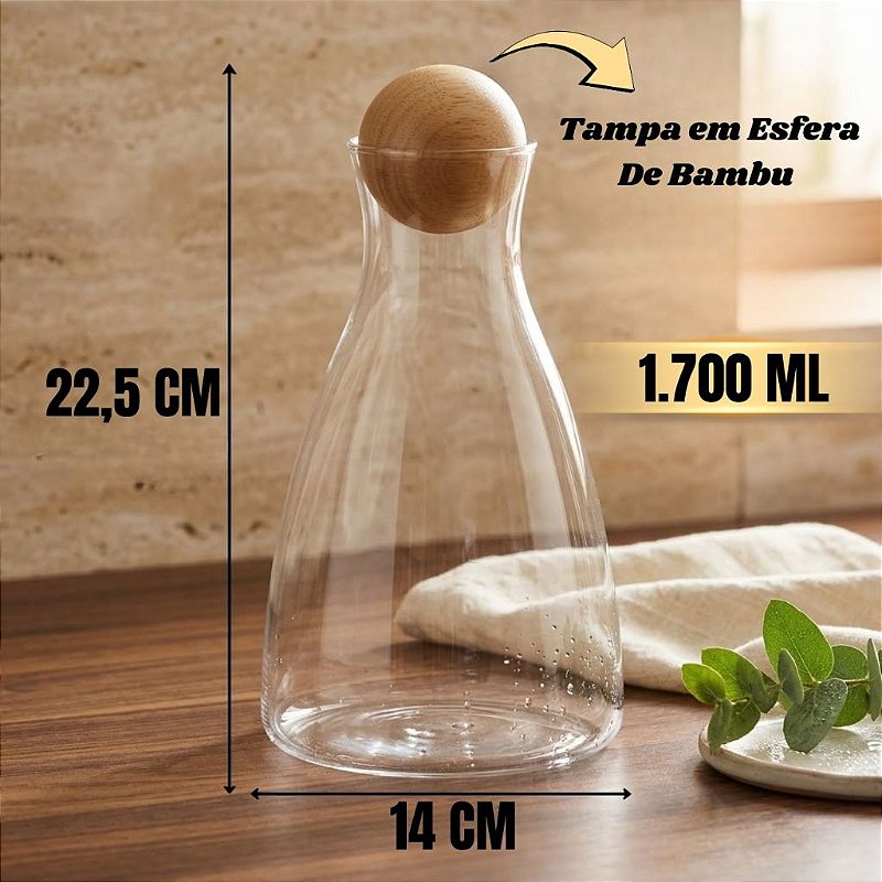 Jarra de Água Vidro Com Tampa de Bambú 1,7 Litros e 6 copos