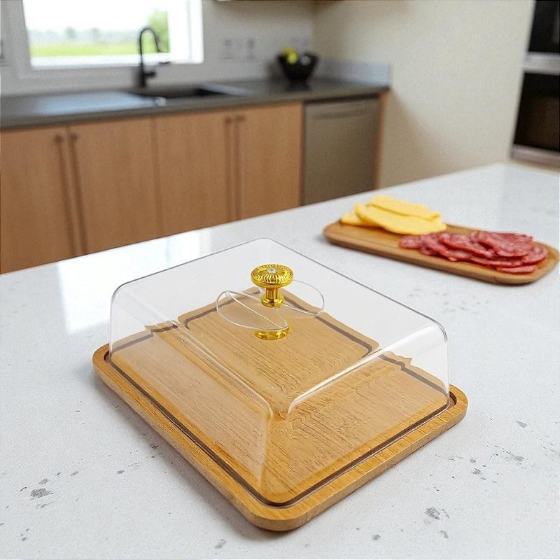 Boleiro Porta Bolo Base Bambú Acrílico & Pegador Dourado