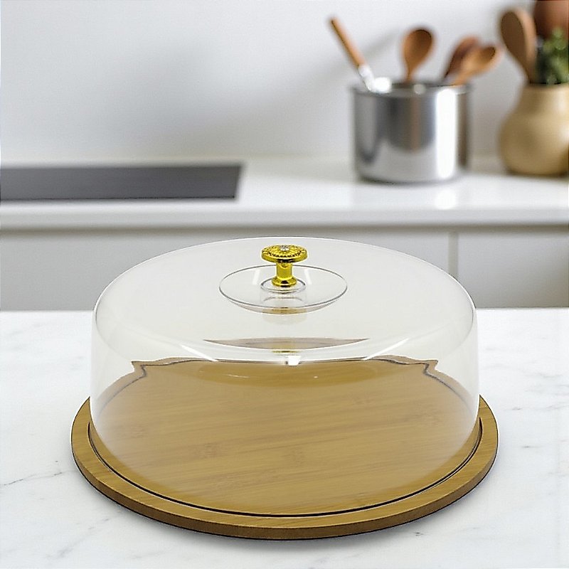 Boleiro Porta Bolo Base Bambú Acrílico & Pegador Dourado
