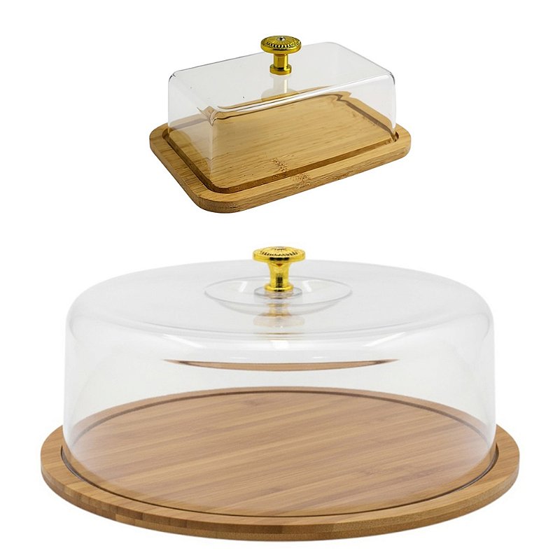 Boleiro Porta Bolo Base Bambú Acrílico & Pegador Dourado