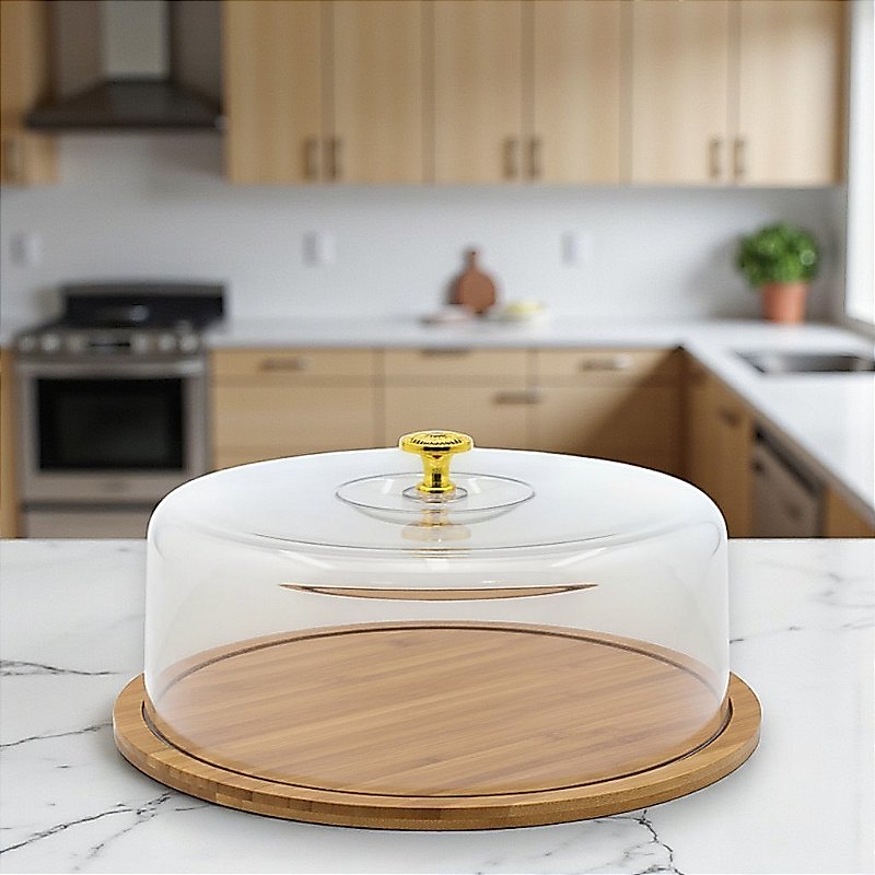 Boleiro Porta Bolo Base Bambú Acrílico & Pegador Dourado