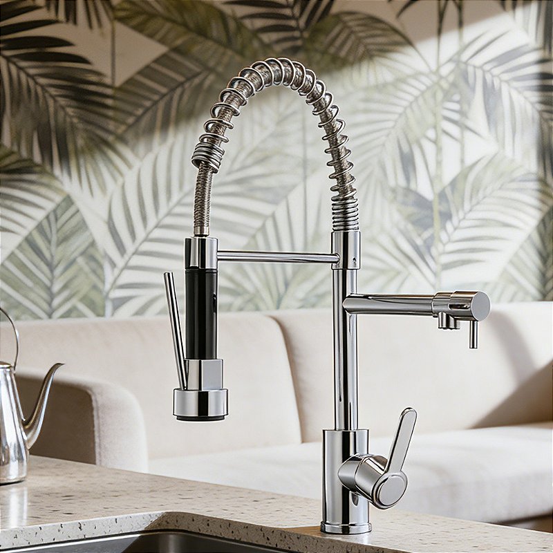 "Torneira De Cozinha Gourmet Alça Única Com Extensor De Spray Tubo De Água Flexível Superior Prateado Para Ajuste"