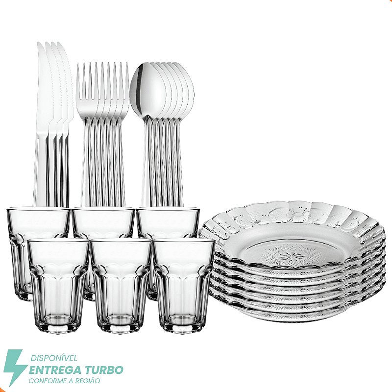 "Aparelho de Jantar Em Vidro Com Talheres 30 Peças - Copos, Pratos e Talheres Inox - Ideal Mesa Posta"
