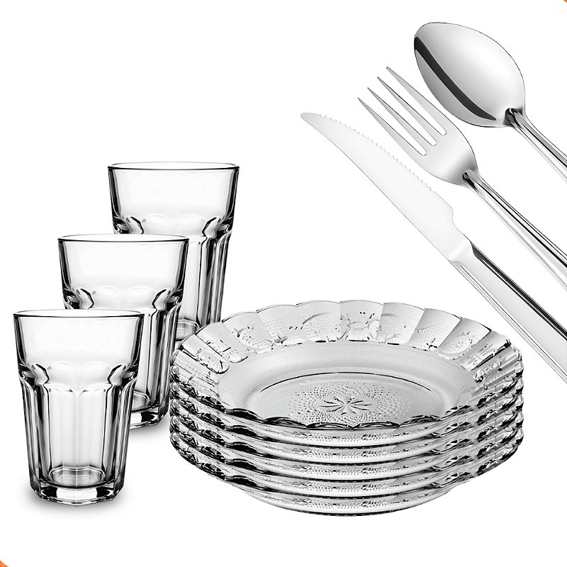 "Aparelho de Jantar Em Vidro Com Talheres 30 Peças - Copos, Pratos e Talheres Inox - Ideal Mesa Posta"