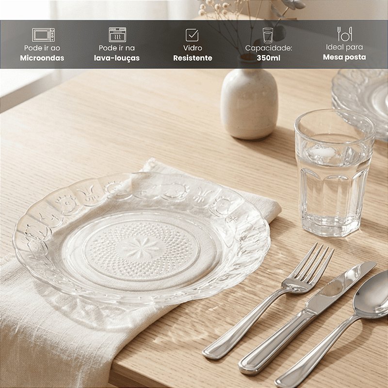 "Aparelho de Jantar Em Vidro Com Talheres 30 Peças - Copos, Pratos e Talheres Inox - Ideal Mesa Posta"
