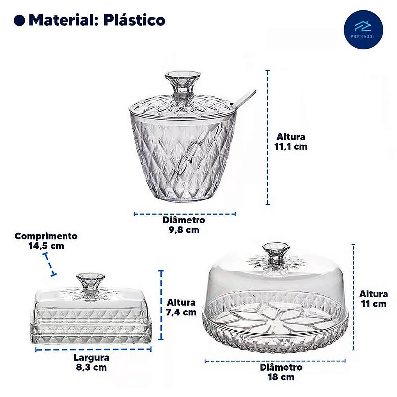 "Kit com 3 Itens Mesa Posta Glamour Queijeira Manteigueira e Açucareiro Acrílico Plasútil"