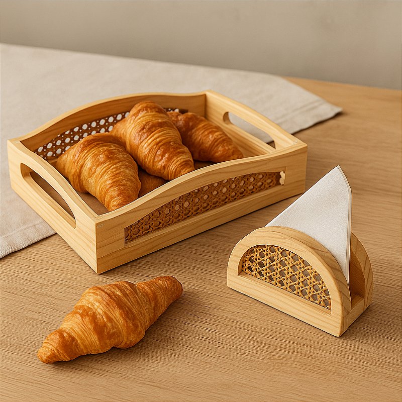 " Kit Bandeja e Porta Guardanapo em Madeira Pinus – Decoração Estilo Farmhouse Mesa Posta"