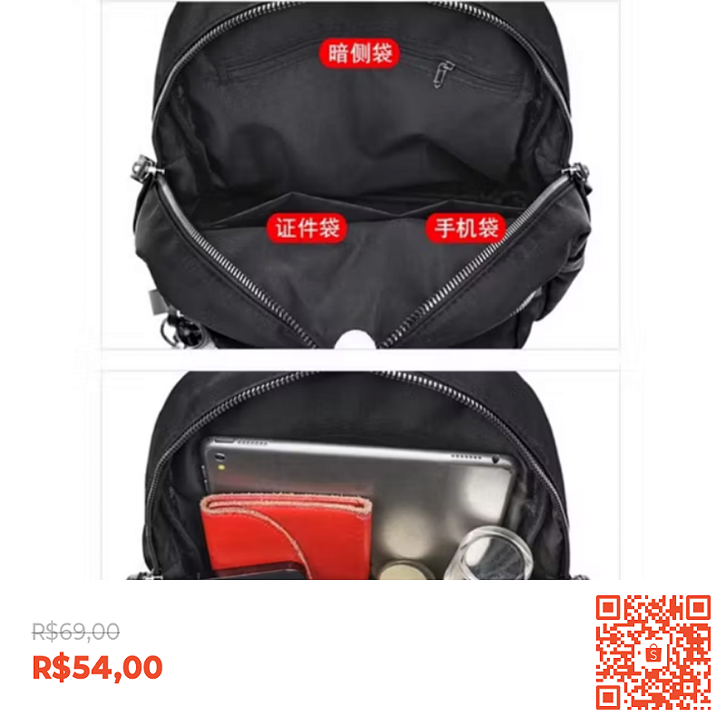 Mochila Feminina impermeável Escola resistente nylon tamanho médio com chaveiro (W-106)