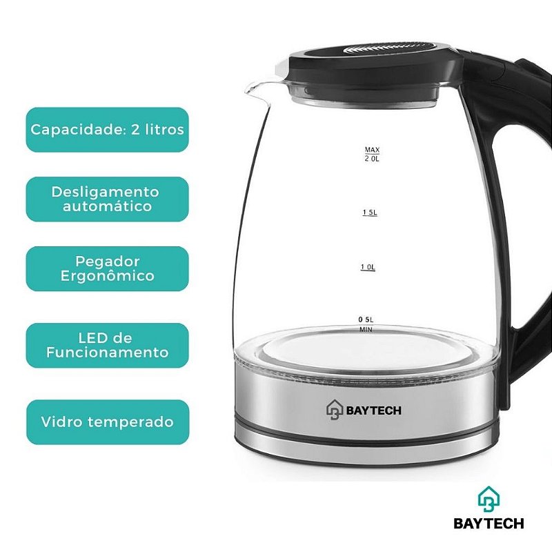 "Chaleira Elétrica Vidro 2L 1400W Rotação 360° Fervedor Água Jarra Elétrica 127V / 220V INMETRO"