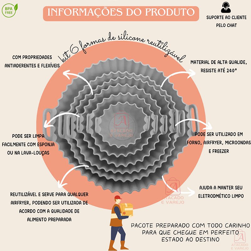 "Kit 6 Forma de Silicone para Fritadeira Air Fryer com Alça Antiaderente Cozinha Forma de Airfryer Silicone 6 Tamanhos"