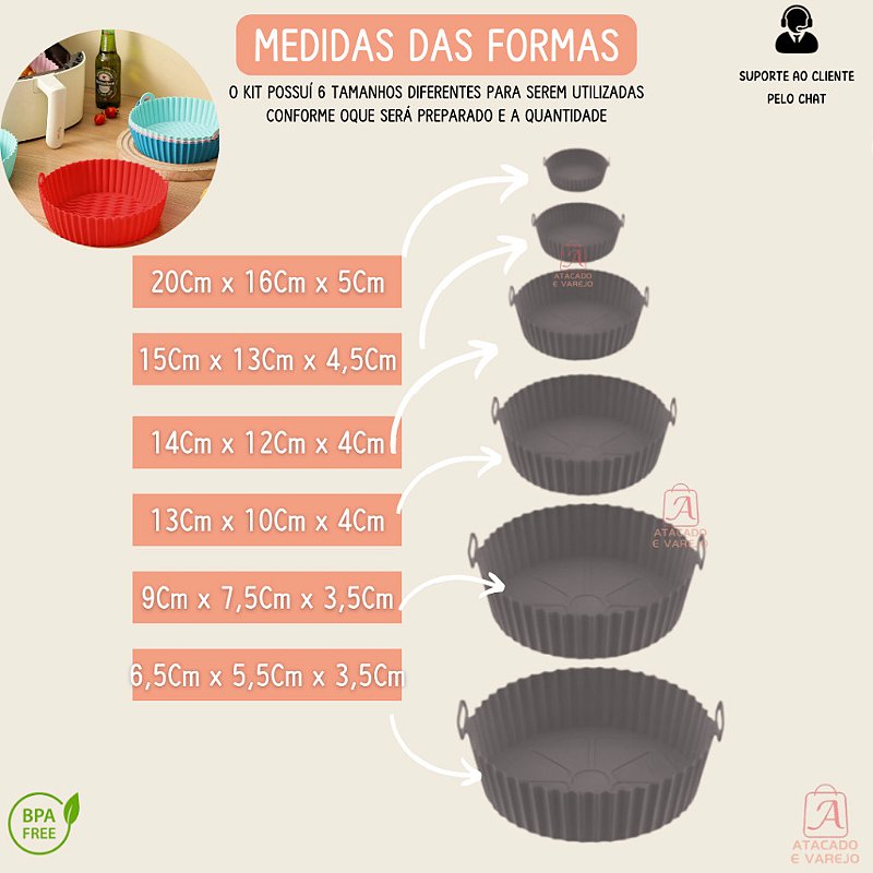 "Kit 6 Forma de Silicone para Fritadeira Air Fryer com Alça Antiaderente Cozinha Forma de Airfryer Silicone 6 Tamanhos"
