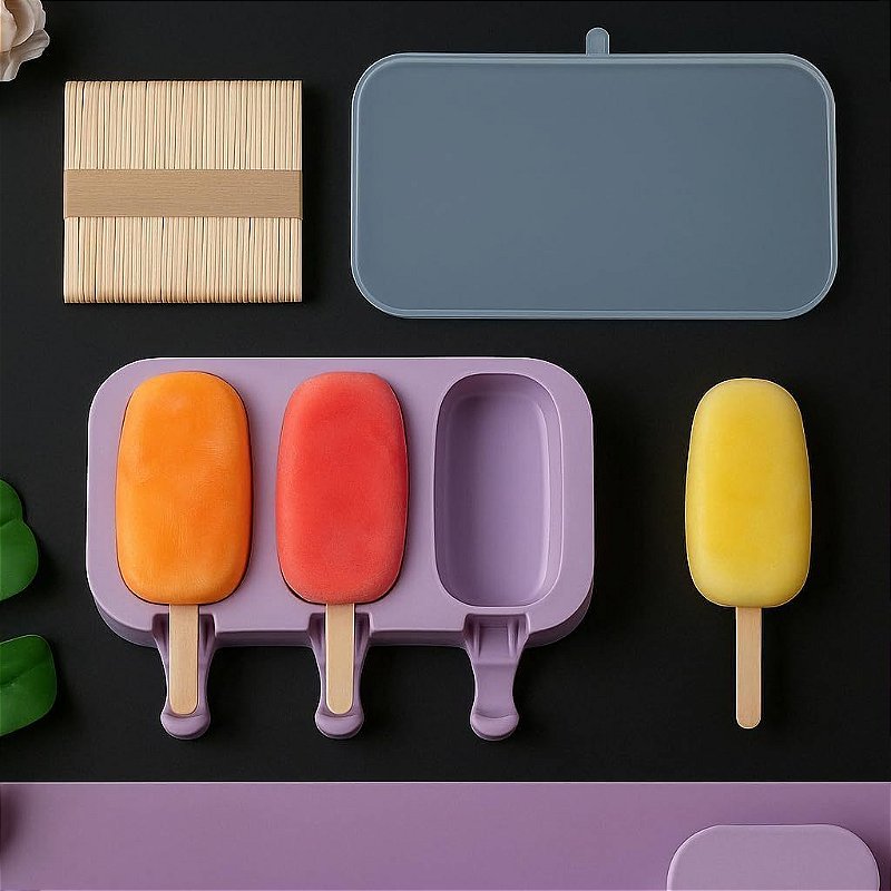 "Forma de Sorvete Molde de Picolé de Silicone" Com Tampa + 50 Palitos