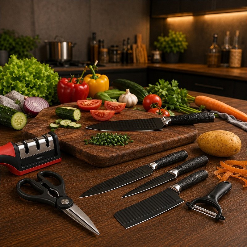 "Jogo de Facas 7 Peças Inox com Afiador 3 Estágios Tesoura Descascador Cozinha Churrasco"