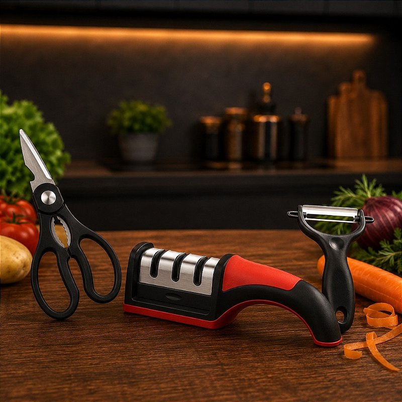"Jogo de Facas 7 Peças Inox com Afiador 3 Estágios Tesoura Descascador Cozinha Churrasco"