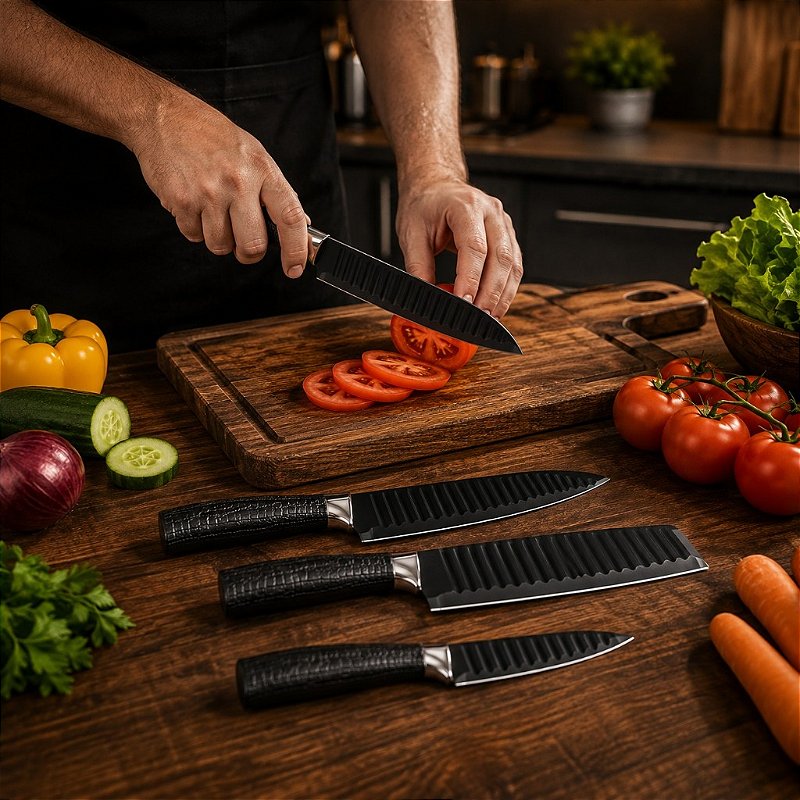"Jogo de Facas 7 Peças Inox com Afiador 3 Estágios Tesoura Descascador Cozinha Churrasco"