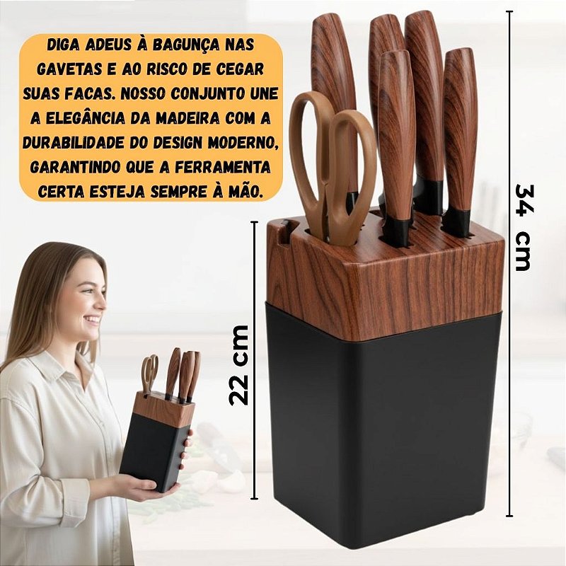 "Jogo de Facas 7 Peças Aço Inox com Cepo e Tesoura Cozinha Kit Completo Faqueiro Bancada Gourmet"