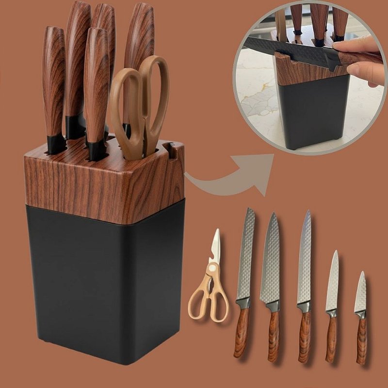 "Jogo de Facas 7 Peças Aço Inox com Cepo e Tesoura Cozinha Kit Completo Faqueiro Bancada Gourmet"