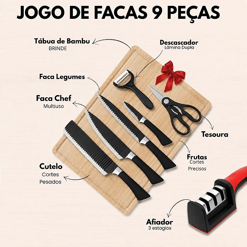 "Jogo de Facas 8 Peças Inox Cozinha Churrasco com Tábua de Bambu Afiador Tesoura e Descascador"