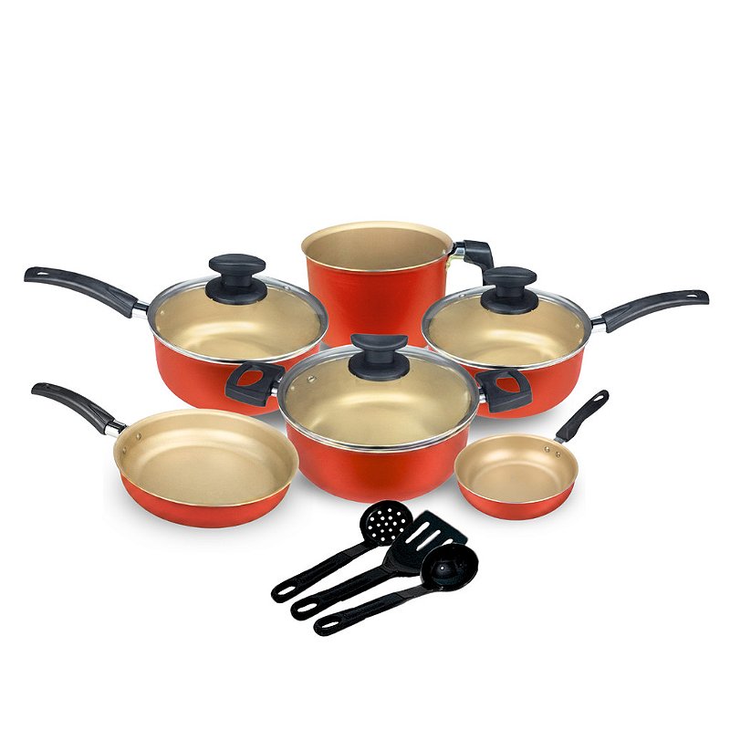 Jogo Panela Caçarola Conjunto Kit 9 Pçs Antiaderente Tampa Vidro Teflon