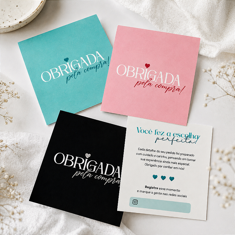 Kit 100 Cartões Agradecimento ao Cliente Obrigada pela Compra 9x9,8cm - Cores Variadas - Pronta Entrega
