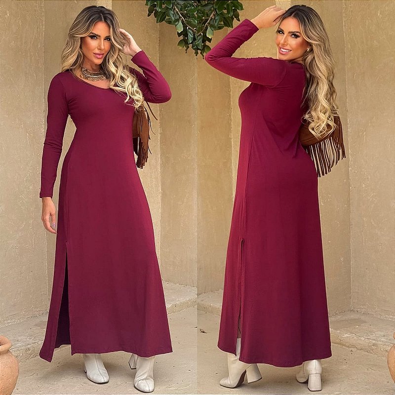Vestido longo, fenda lateral, manga longa