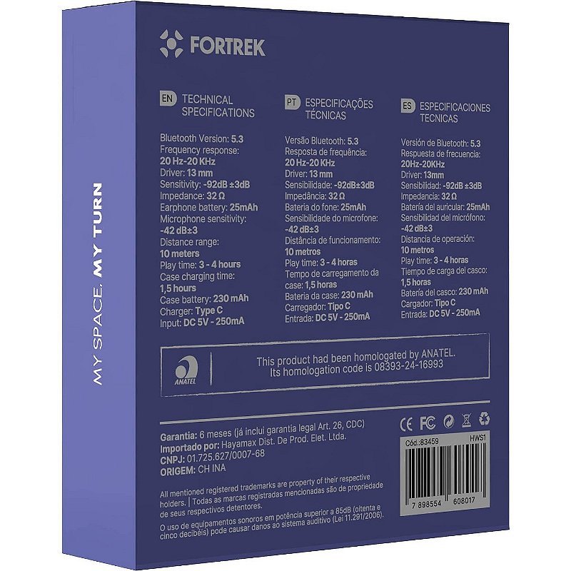 Fone Bluetooth TWS Fortrek HWS1 Sem Fio