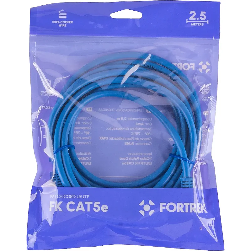 Cabo de Rede Cat5e Fortrek 2,5m Azul