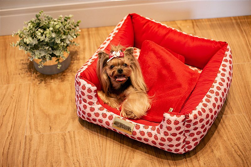 Cama Quadrada para Cachorro ou Gato Luppet Vermelho Joaninha
