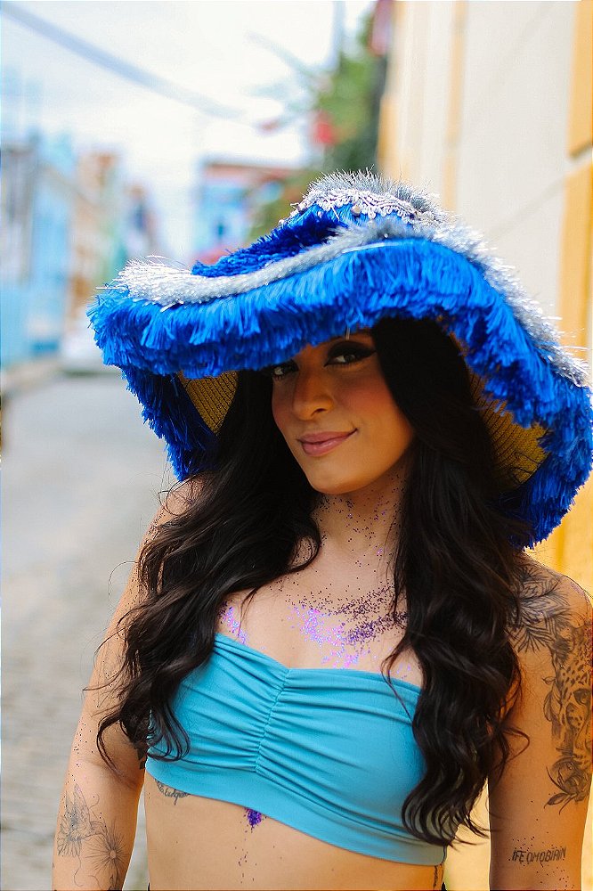 Chapéu de Carnaval Azul e Prata com Franjas