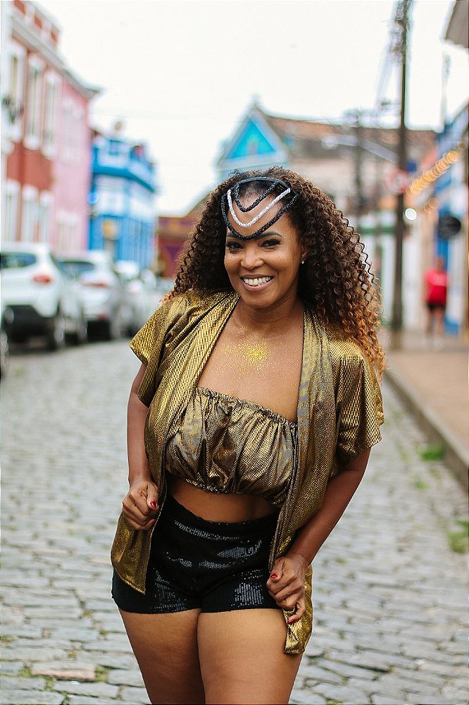 Conjunto Kimono e Top Holográfico Dourado