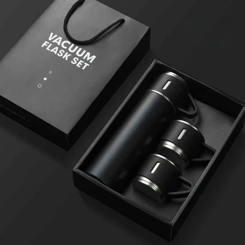 Kit Garrafa Térmica Inox 500ml Preto com 3 Xícaras