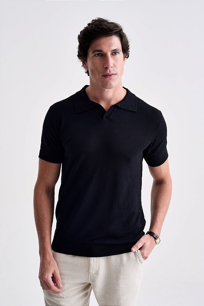 Polo Tricot Gola V - Preto
