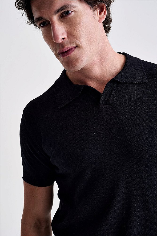 Polo Tricot Gola V - Preto