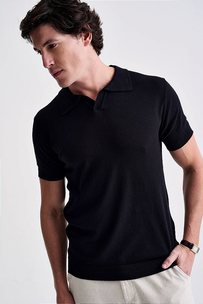 Polo Tricot Gola V - Preto