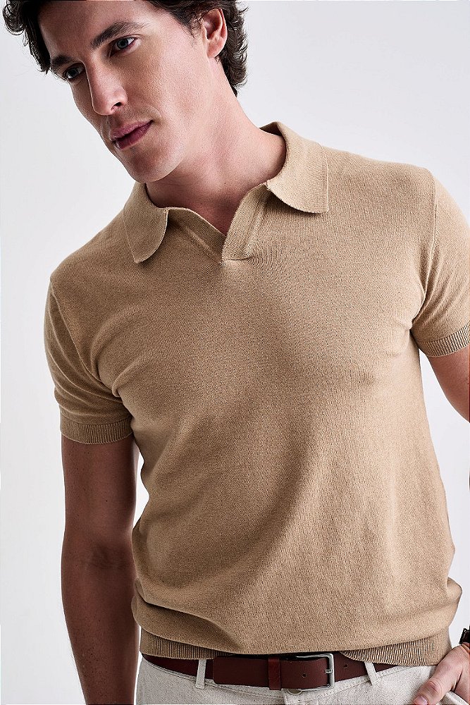 Polo Tricot Gola V - Bege