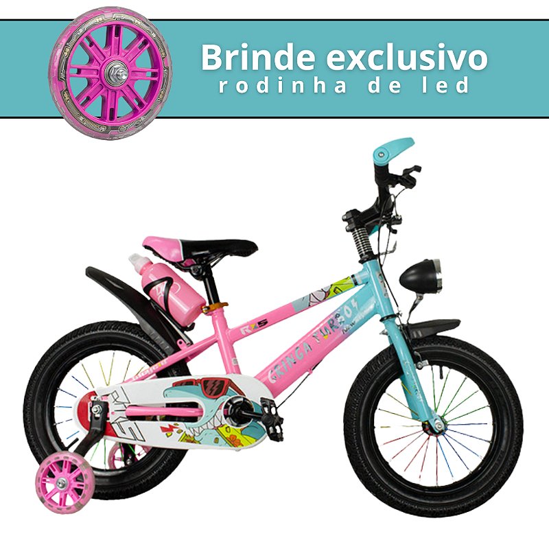 Bicicleta Infantil Aro 16 Rosa 4 a 8 Anos Estilo Shark com LED + Pneu Grosso + R