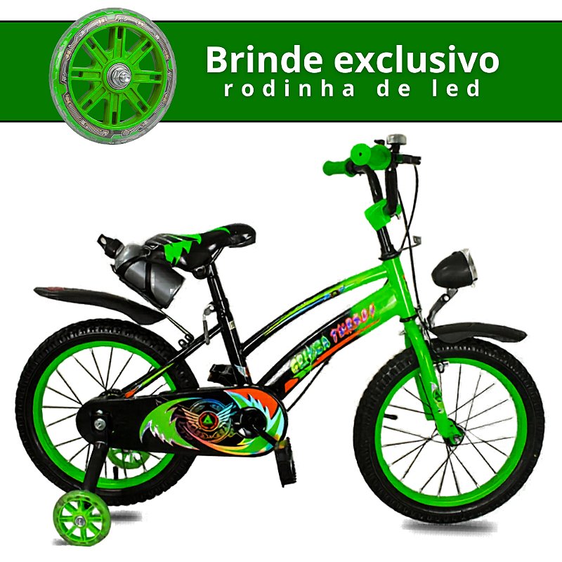 Bicicleta Infantil Aro 16 Old School Verde 4 a 8 Anos LED + Pneu Grosso + Farol