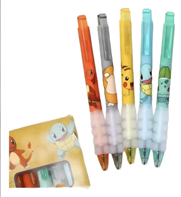 Kit 5 Canetas Escolar Personagens Pokémon