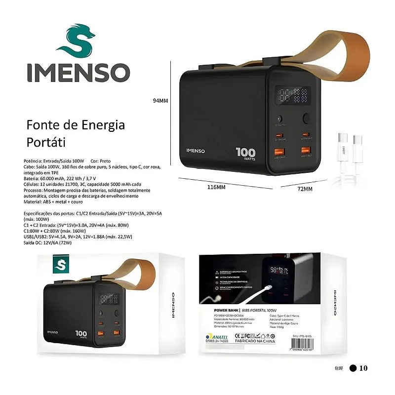 Carregador Portátil Imenso 618S 60000mAh 100W Ultra Rápido