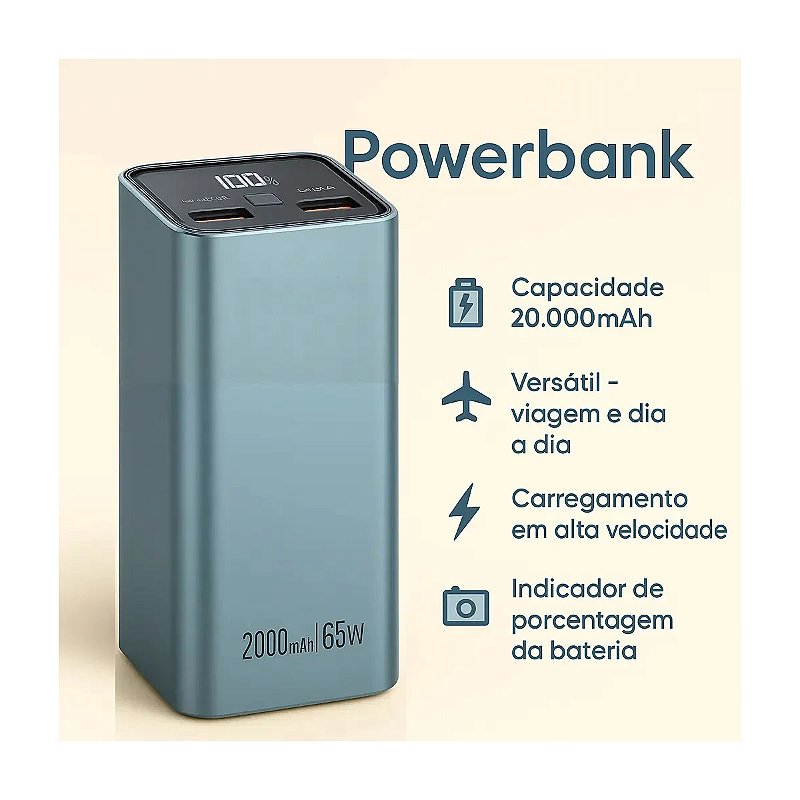 Power Bank A'Gold BTE92 20000mAh 65W Turbo USB-C Azul Quick Charge PD