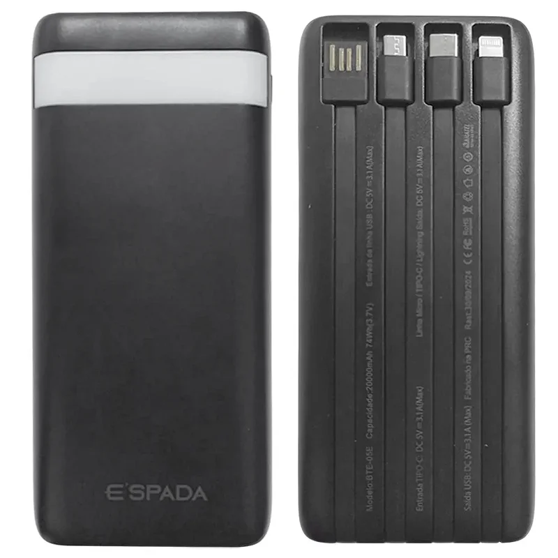 Power Bank 20000mAh E'SPADA BTE-05E – Carregador Portátil Turbo 3.1A, Saída USB/Tipo-C/Lightning, Bateria Externa Recarregável para Celular Android, Tablet e IOS.