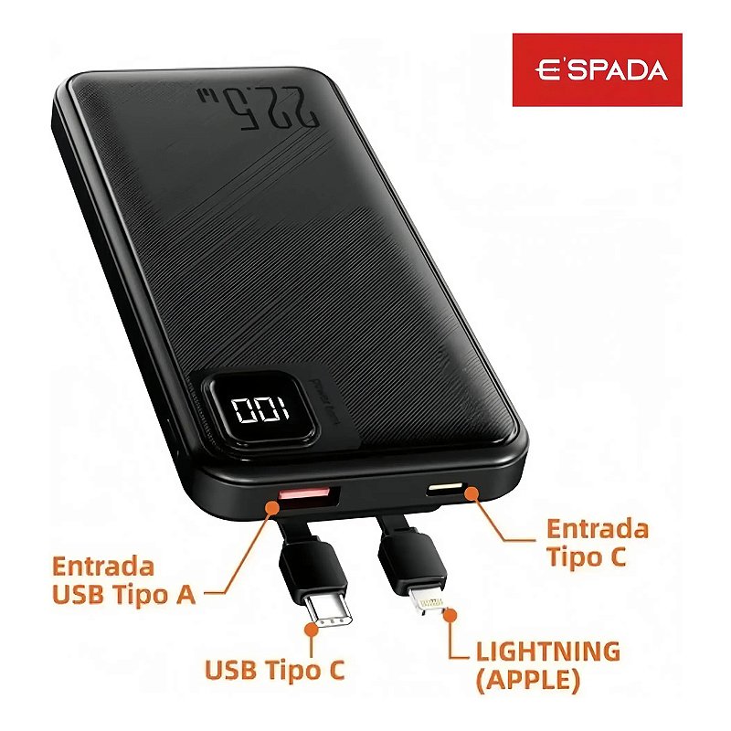 Carregador Power Bank Turbo 22.5W Portátil 20000mAh Universal Saída 2 Cabos Tipo-C E Lightning Espada BTE-37E