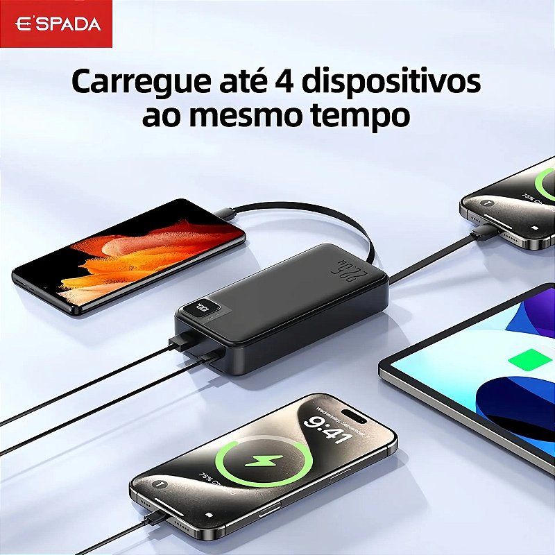 Carregador Power Bank Turbo 22.5W Portátil 20000mAh Universal Saída 2 Cabos Tipo-C E Lightning Espada BTE-37E