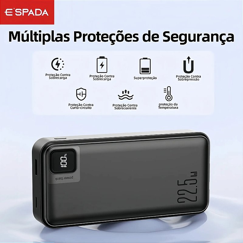 Carregador Power Bank Turbo 22.5W Portátil 20000mAh Universal Saída 2 Cabos Tipo-C E Lightning Espada BTE-37E