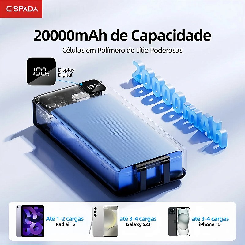 Carregador Power Bank Turbo 22.5W Portátil 20000mAh Universal Saída 2 Cabos Tipo-C E Lightning Espada BTE-37E